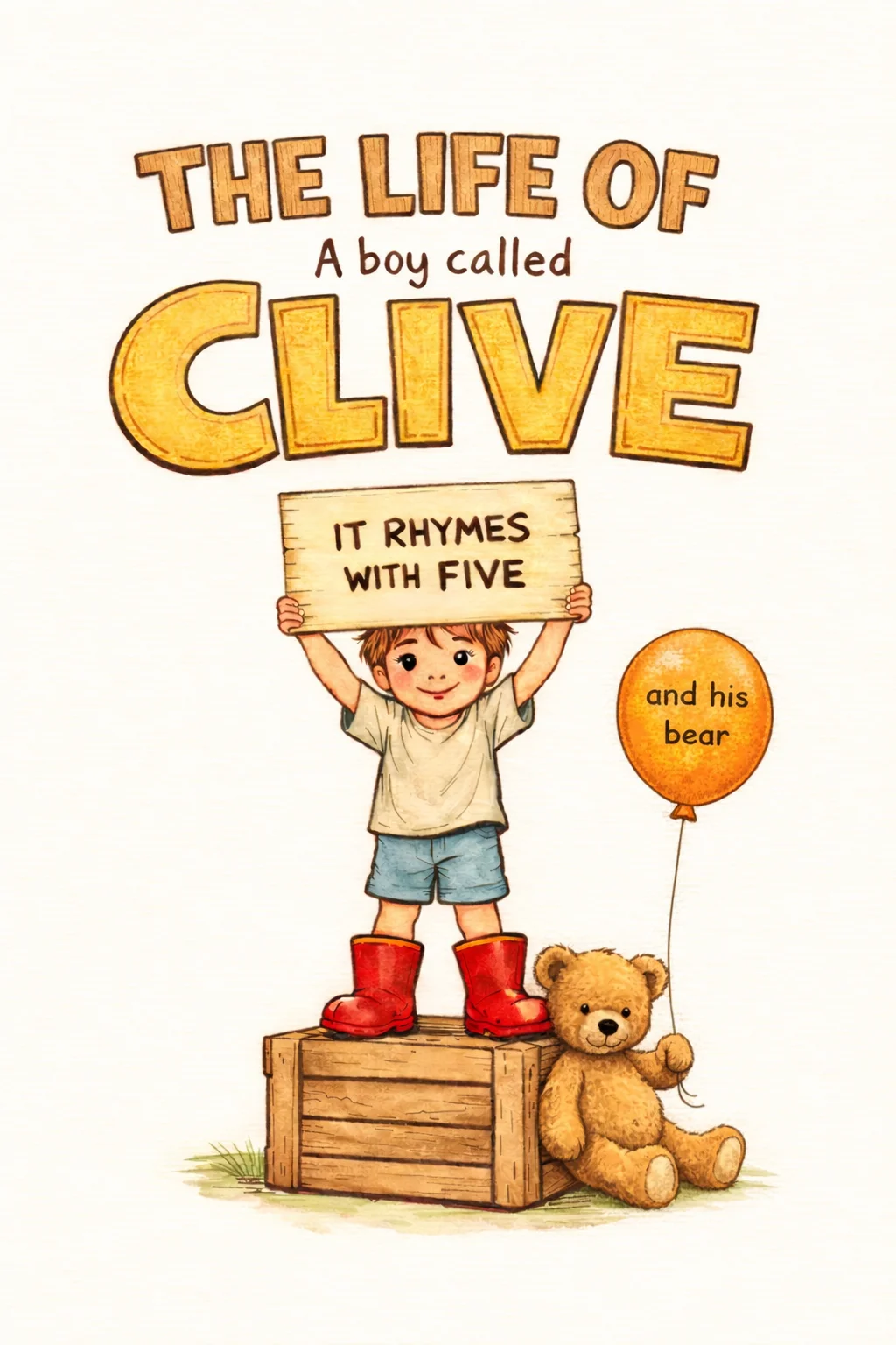 Front cover of The Life of (a boy called) Clive — a boy in red wellies holding a sign reading 'It rhymes with five', with his teddy bear
