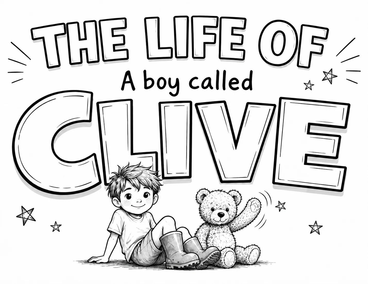 Line drawing of the book title with Clive sitting beside Big Ted, who is waving